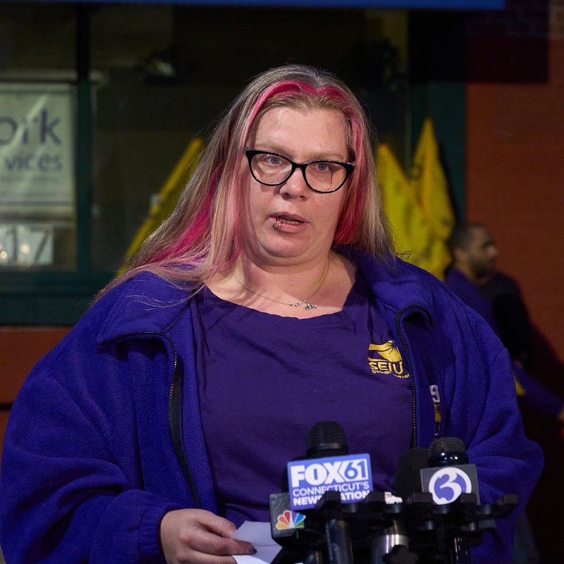 Group Home worker Amye Stoddard speaks at press conference to protect her pension Sept 26.2025 (Credit: Jamarri Johnson Courtesy of SEIU 1199NE)