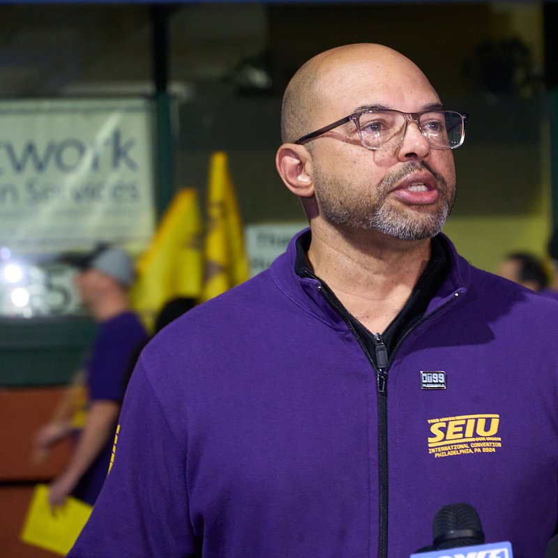 SEIU 1199NE President Rob Baril speaks at press conference to protect group home members pensions on Sept 26,2025 (Credit: Jamarri Johnson Courtesy of SEIU 1199NE)