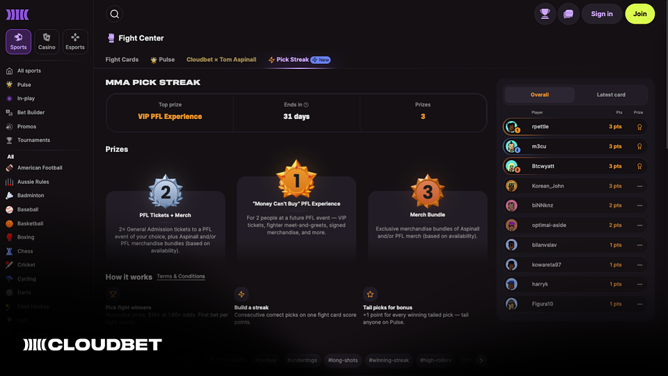 Pick Steak arrives on Fight Center, Cloudbet's hub for combat sports.
