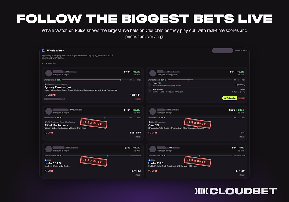 Whale Watch on Pulse shows the largest bets live on Cloudbet as they play out, with real-time scores and prices for every leg.
