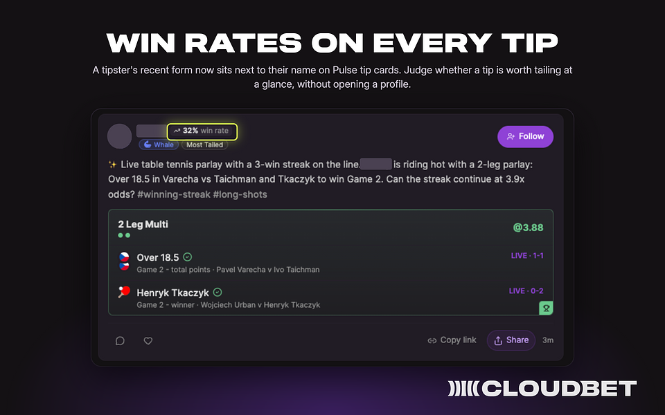 A tipster's recent form now sits next to their name on Pulse tip cards.