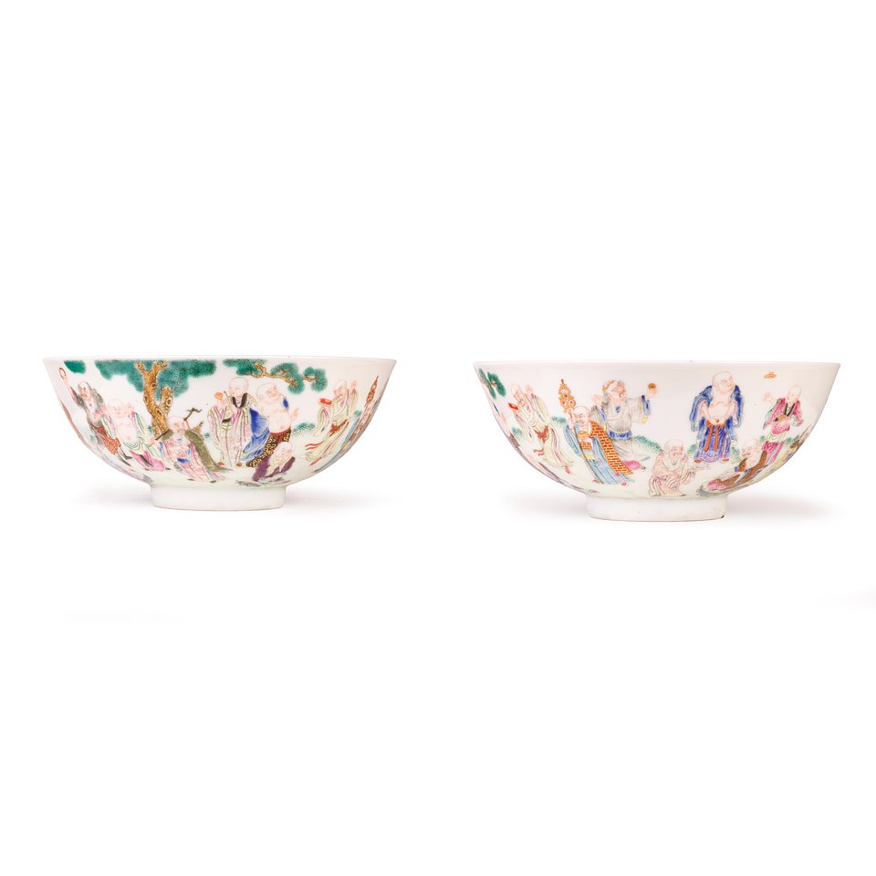 13

Lot 13 (Private Collection): A pair of Chinese Imperial famille rose 'Eighteen Luohans' bowls
Qing dynasty, Xianfeng marks. Price Realised: £130,240