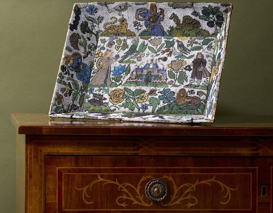 Lot 144: A Charles II beadwork basket, c.1660, worked in coloured beads mounted on wood boards - Estimate: £3,000 - £5,000
