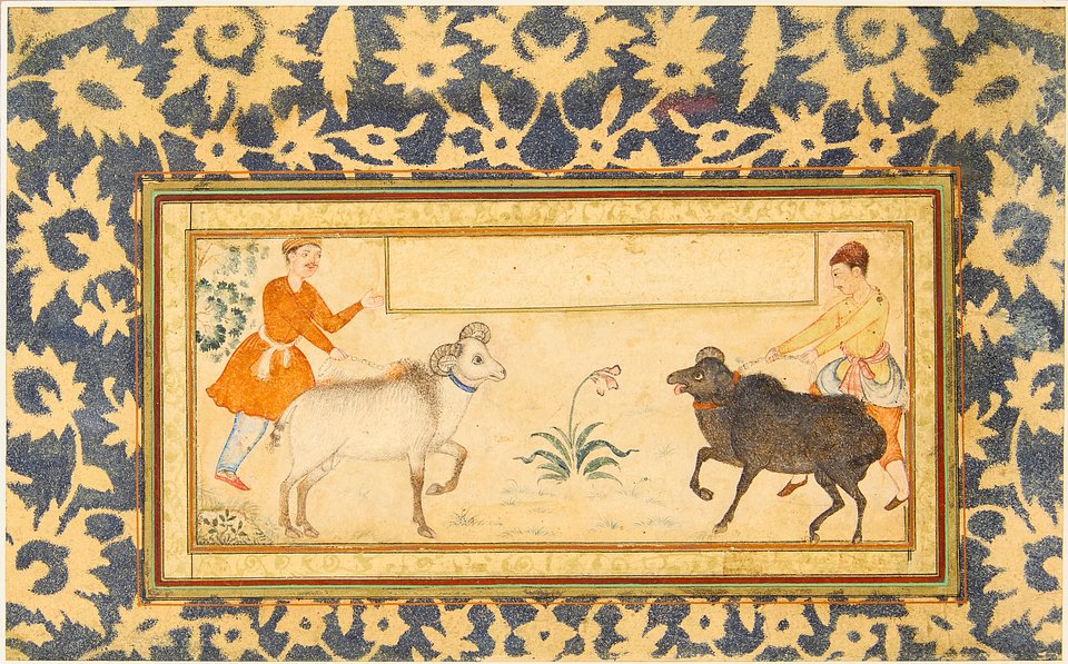 Lot 336: Two goatherds leading two rams across a landscape, Mughal India, late 16th century
Estimate: £2,000 - £3,000