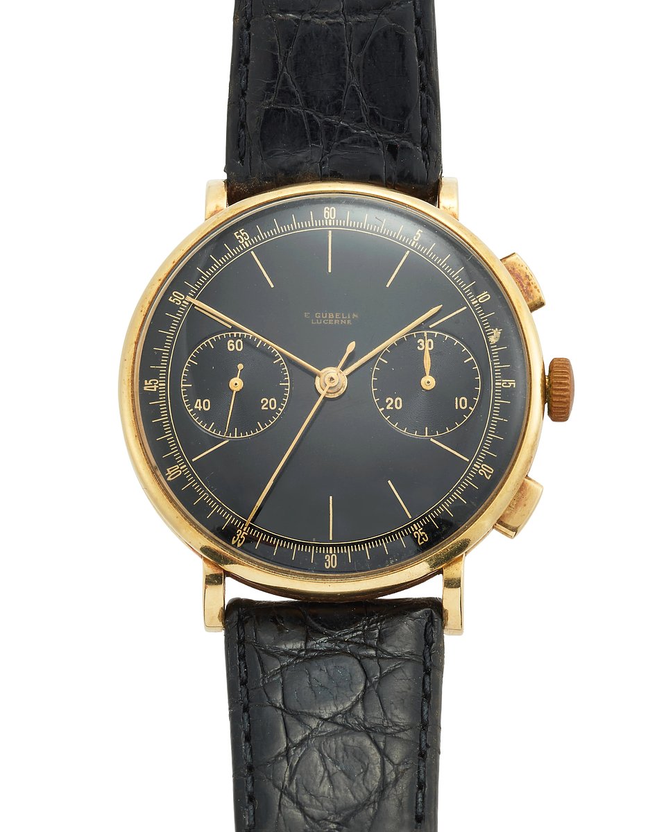 Lot 646: E. Gubelin, Lucerne. A 14ct gold manual wind chronograph wristwatch with gloss black dial 
Case, Circa 1940 | Estimate: £2,000 - £3,000
