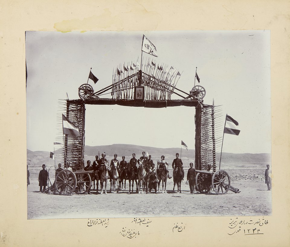 Arch of Triumph in the Tabriz encampment circa 1906-1907. During the Constitutional Revolution, Tabriz was a stronghold of the constitutionalist forces. Revolutionary militias and citizens often set up encampments or fortified areas around the city or key squares for political gatherings, parades and military organisation.