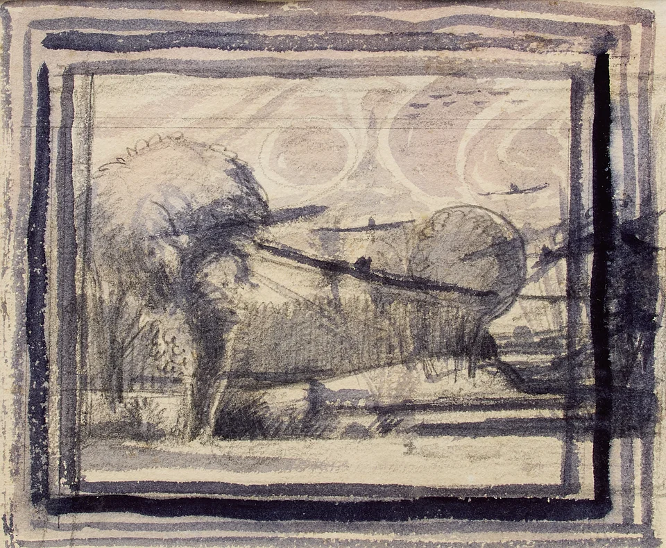 Sir Walter Thomas Monnington PRA, British 1902-1976 - Study for Southern England, c.1944; ink and graphite on paper, 12.3 x 15 cm 
Provenance: with The Fine Art Society, London (according to the label attached to the reverse of the frame); 
Private Collection 
Price Realised: £630