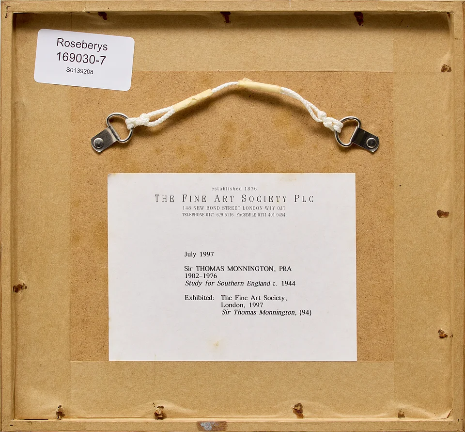 Reverse of frame for Study for Southern England (1944), showing The Fine Art Society (London) provenance label.

