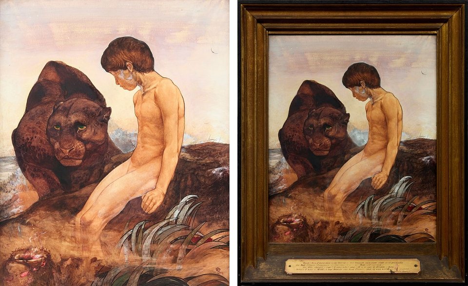 Edward Detmold, British 1883-1957 - Mowgli and Bagheera; pencil, watercolour and bodycolour on paper laid down on canvas, 53 x 43 cm. 
Price Estimated: £15,000-20,000