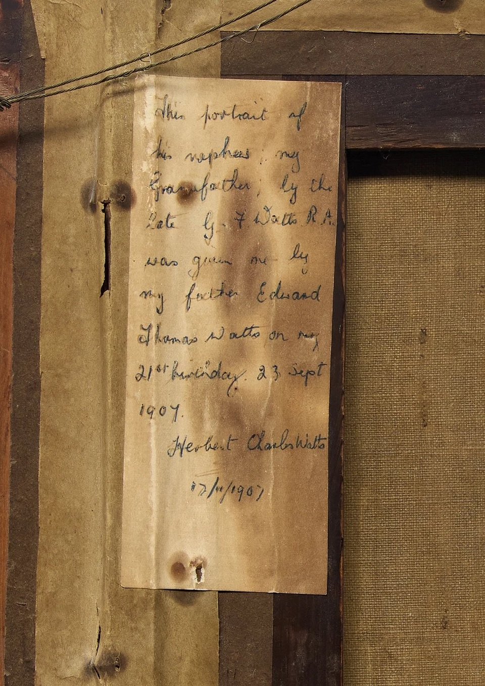 A later inscription to the reverse suggests that Edward John passed the painting on to his son, Herbert Charles Watts.