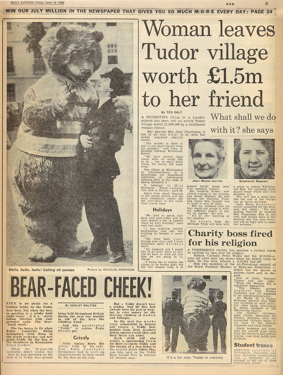 Archival newspaper clipping from The Daily Express documenting the encounter on June 14th 1985