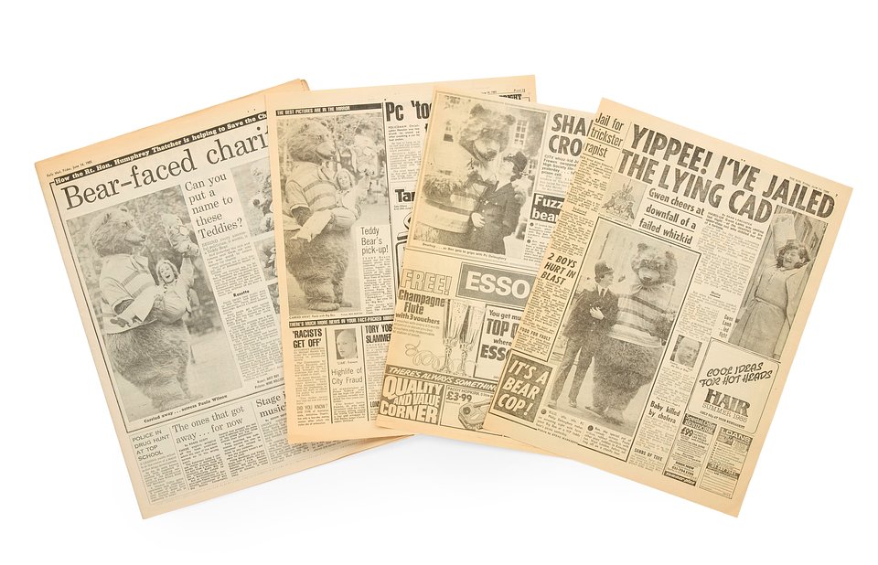 The Bear’s 1985 appearance was widely publicised by the UK press. The newspapers are included with the bear for sale.
