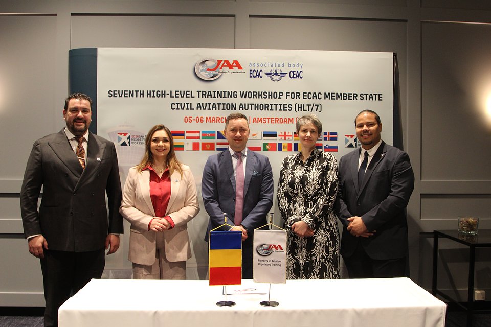 From the left: Murat Yalcin, Director of Sales, Marketing & Operations at JAA TO; Paula V. de Almeida, CEO at JAA TO; Nicolae Stoica, Director General, Romanian Civil Aeronautical Authority; Ana-Roxana Gaitan, Head of the Safety Department CAA Romania; Timothy Rog, Sales & Account Executive