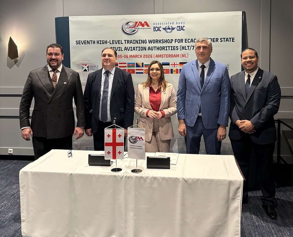 From the left: Murat Yalcin, Director of Sales, Marketing & Operations at JAA TO; Givi Davitashvili, Director General GCAA; Aleksandre Gachechiladze, Deputy Director General; Paula V. de Almeida, CEO at JAA TO; Timothy Rog, Sales & Account Executive