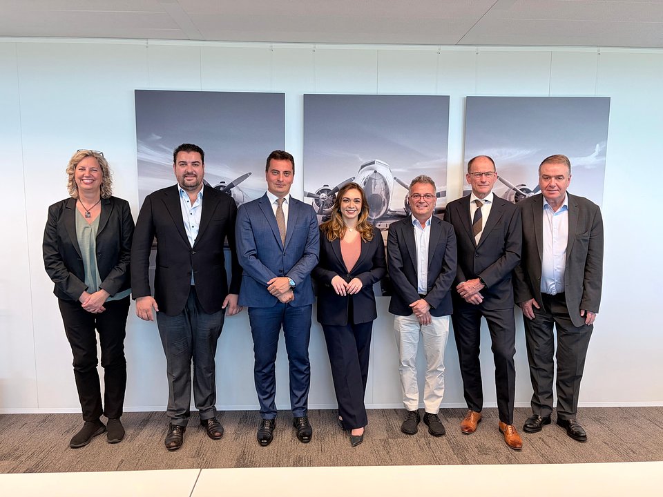 Pictured from left to right: Marlene Mellema, JAA TO HR Manager / Executive Support; Murat Yalcin, Director of Sales, Marketing & Operations at JAA TO; Ivan Šćekić, Director of the Civil Aviation Agency of Montenegro; Paula Vieira de Almeida, Chief Executive Officer of JAA TO; Maksim Et’hemaj, Executive Director of the Albanian Civil Aviation Authority; Eric Schoonderwoerd, JAA TO Director of Learning Solutions & Strategic Partnerships; and John Yeardley, JAA TO Head of Finance and Accounting.
