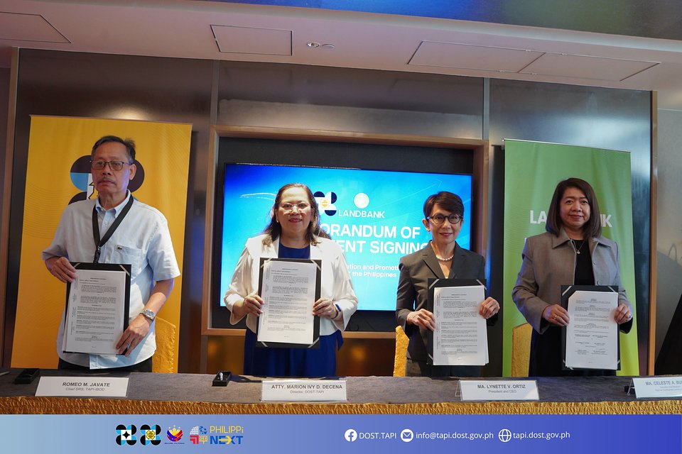STRENGTHENING PARTNERSHIPS FOR FILIPINO INNOVATORS (From left to right) Romeo Javate, Division Chief of the DOST-TAPI Investment and Business Operations Division (IBOD); Atty. Marion Ivy Decena, CESO III, DOST-TAPI Director; Ma. Lynette V. Ortiz, President & CEO of Landbank of the Philippines, and Celeste A. Burgos, Executive Vice President for the National Development Lending Sector of Landbank of the Philippines, during the Memorandum of Agreement signing for the relaunch of the i-TECH Lending Program on July 15, 2025, at Okada Manila, Philippines.