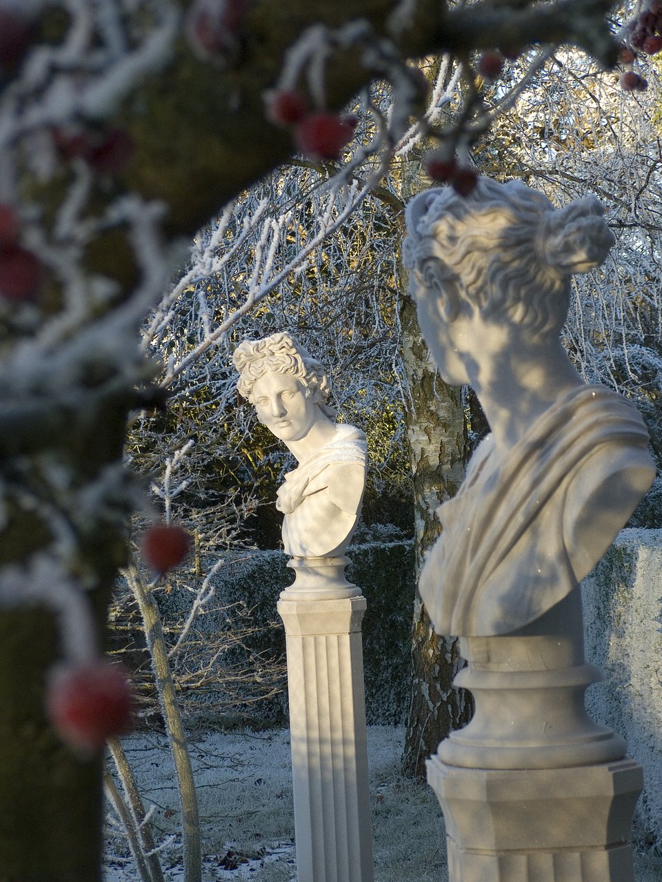 Haddonstone busts and plinths in winter