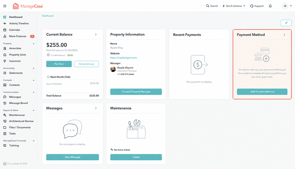 Though ManageCasa's tenant portal, tenants can easily see lease details, submit maintenance tickets, communicate with management, and pay rent.