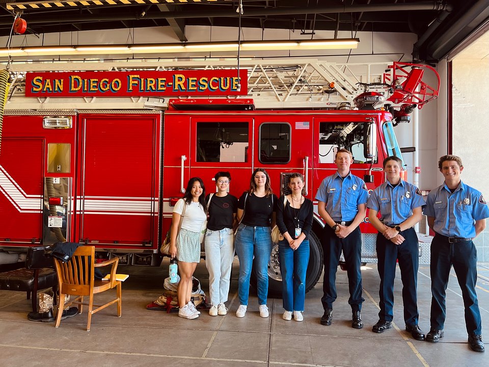 Students participating in a San Diego Fire-Rescue visit, part of 2024 Implementation grantee the City of San Diego Middle School Civics Program. Image courtesy of the City of San Diego