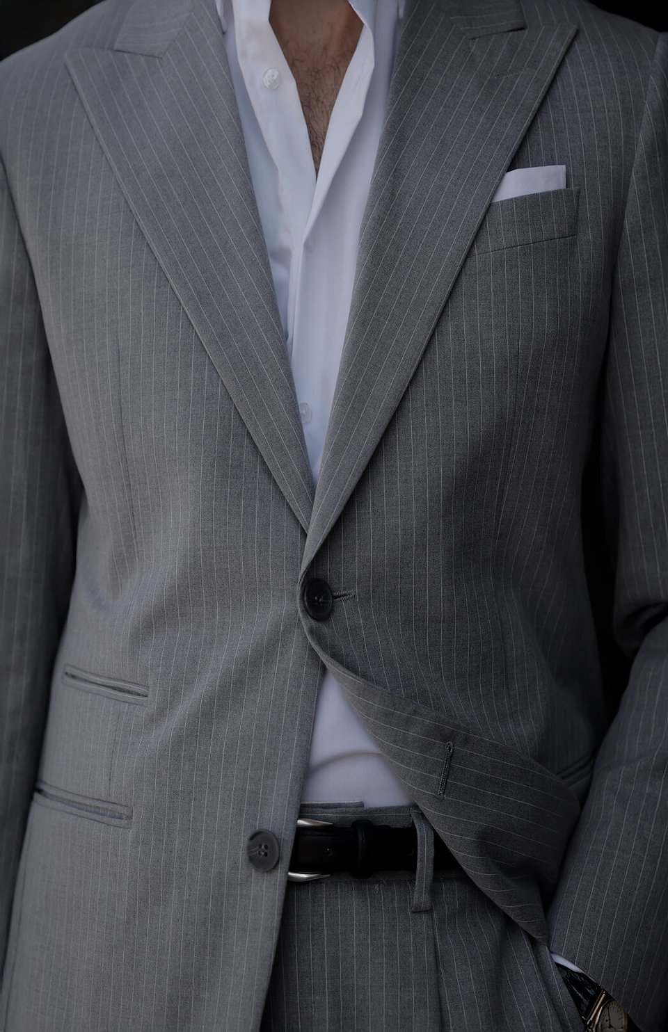Traje tres piezas sin forro elástico gris medio raya diplomática Hockerty 