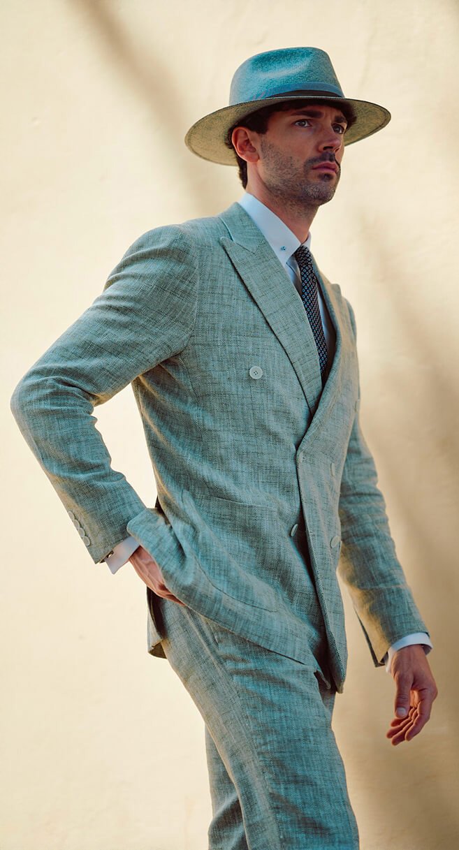 Traje hombre cruzado sin forro verde de lino-algodón herringbone Hockerty