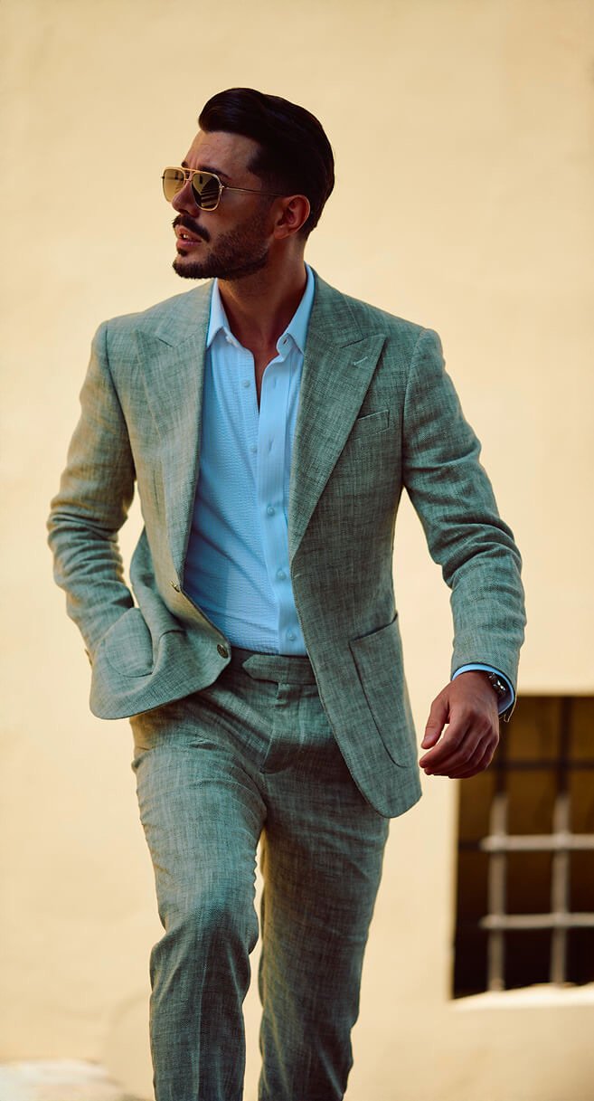 Traje hombre cruzado sin forro verde de lino-algodón herringbone Hockerty