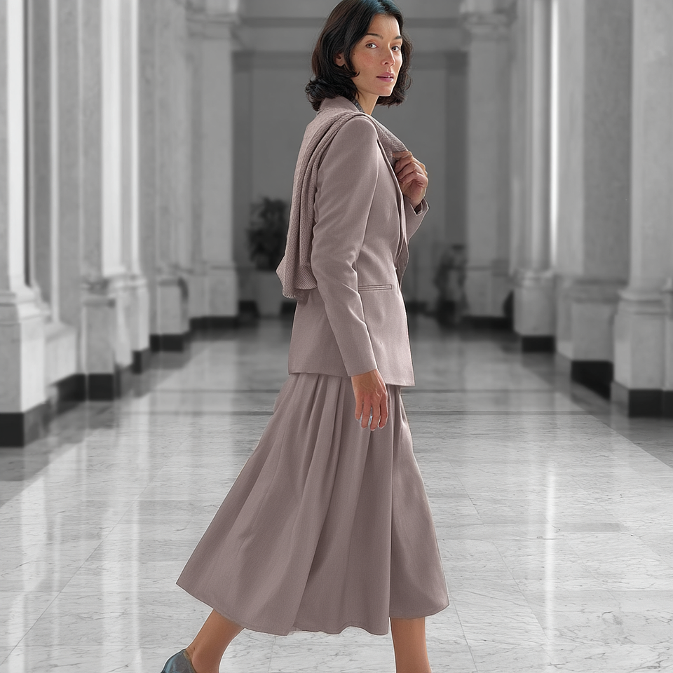 Traje falda midi con vuelo gris claro brillante Sumissura