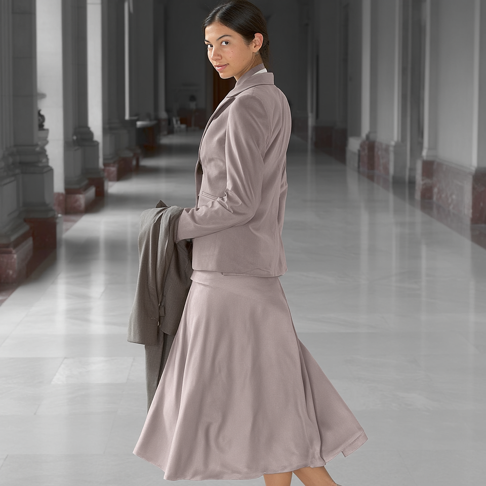 Traje falda midi con vuelo gris claro brillante Sumissura