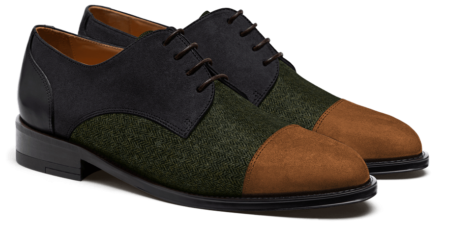 Cap toe derby shoes in green, blue, and brown leather