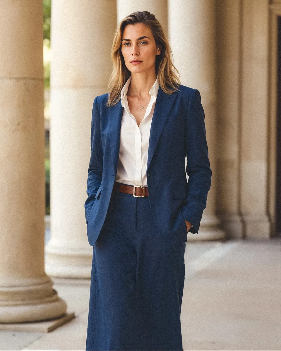 Blazer blu con gonna svasata. © Sumissura