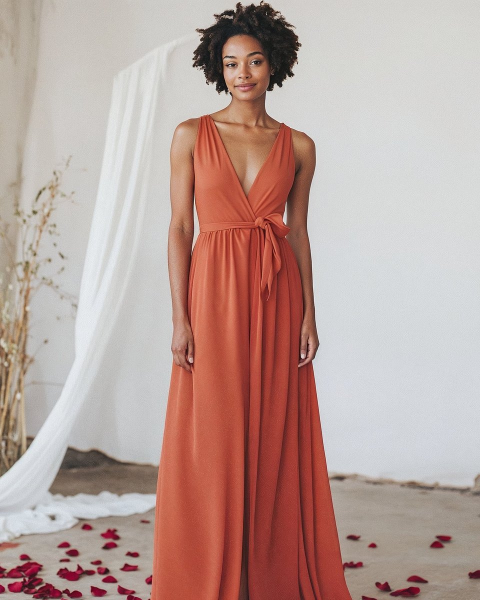 Vestido maxi cruzado terracota sin mangas Sumissura