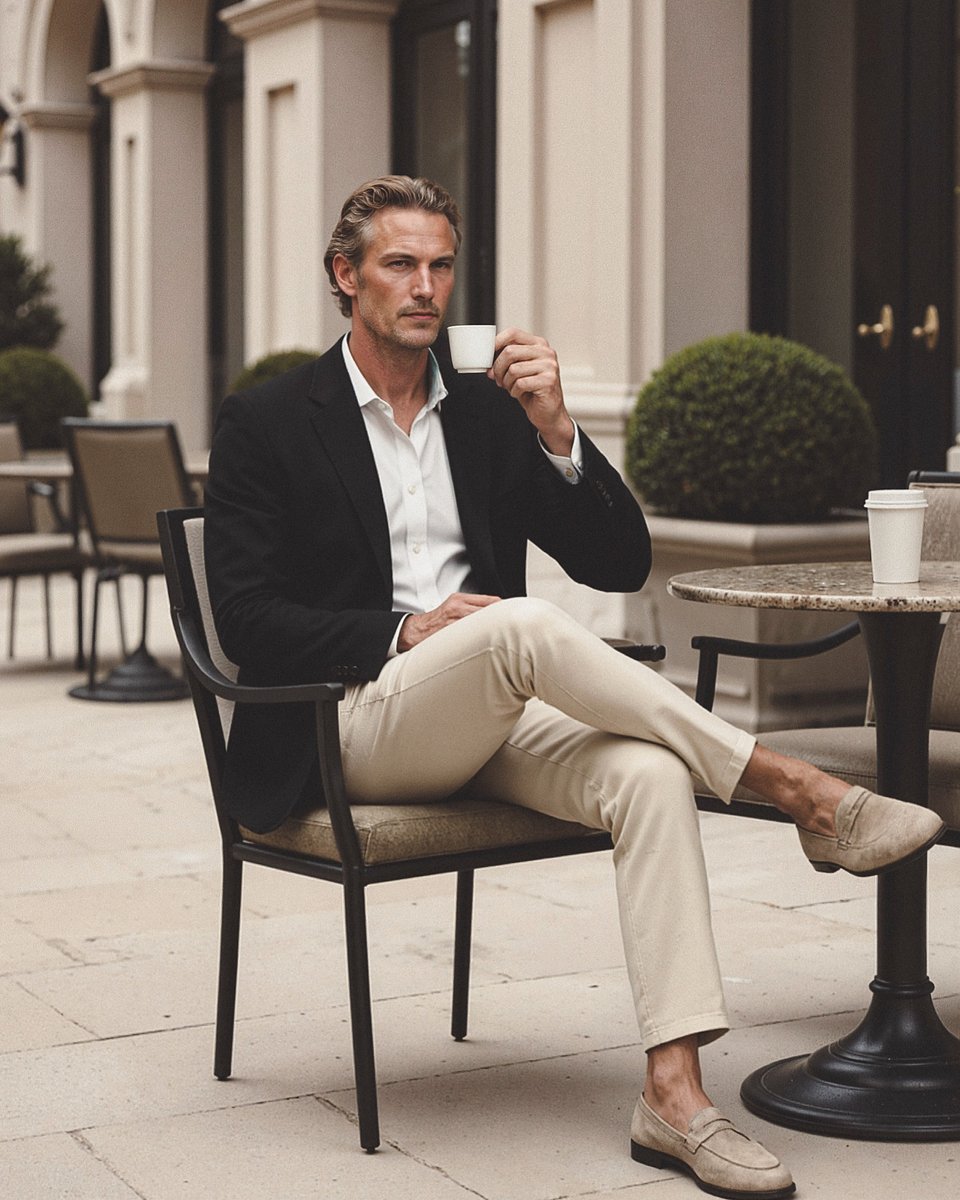 Americana Negra con Camisa Blanca y Chinos Color Crema Hockerty
