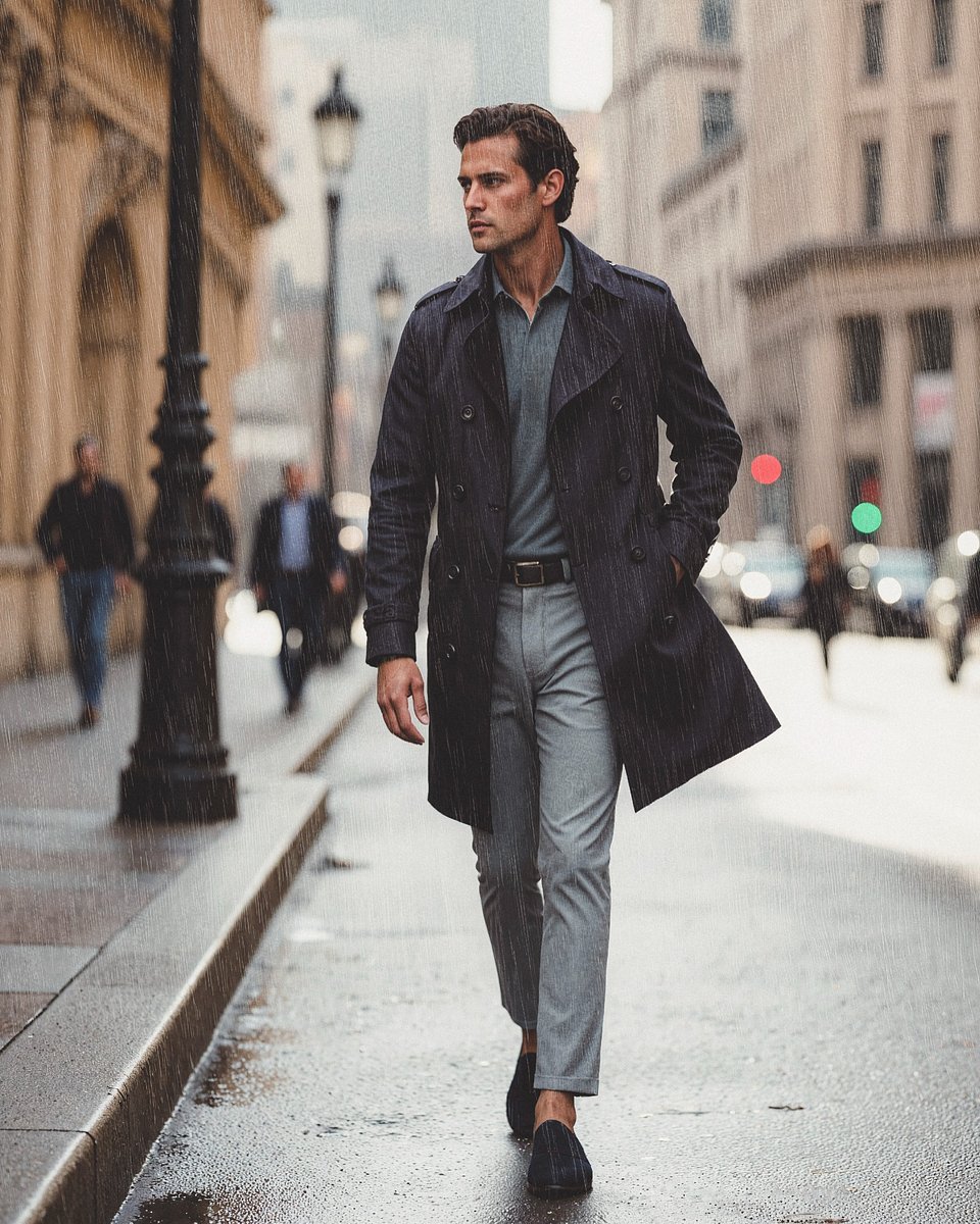 Gabardina Azul Marino con Polo Azul Pizarra y Pantalón Gris Claro Hockerty