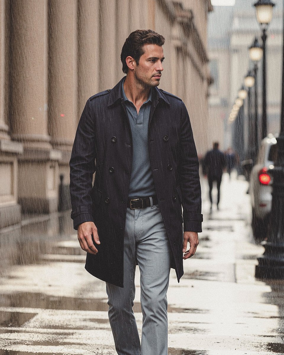 Gabardina Azul Marino con Polo Azul Pizarra y Pantalón Gris Claro Hockerty