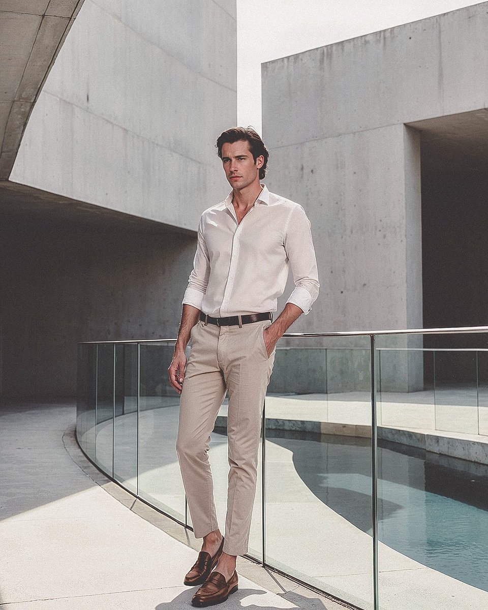 Camisa Marfil con Pantalón Beige y Mocasines Marrones Hockerty