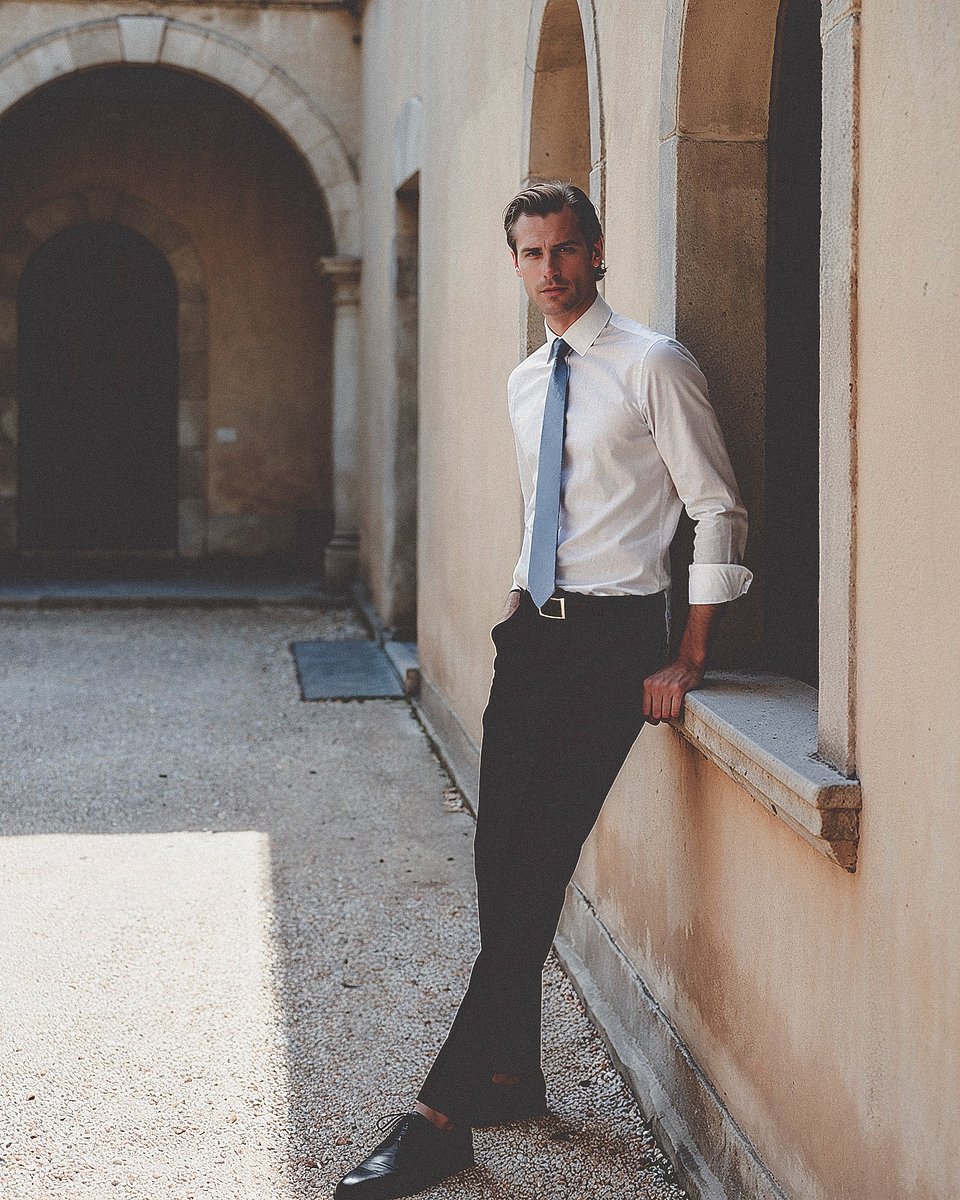Camisa de Vestir Blanca con Corbata Azul Claro y Pantalón Negro