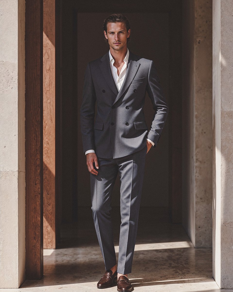 Traje gris a rayas cruzado con camisa blanca Hockerty