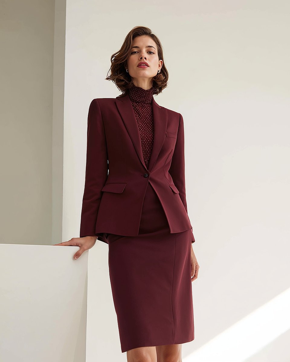 Traje de falda burdeos con blusa de cuello alto Sumissura