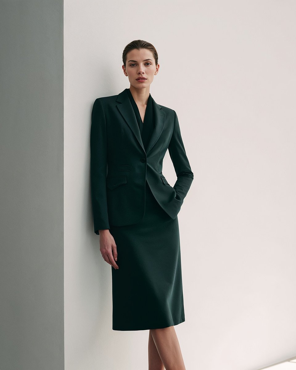 Traje de falda verde oscuro de negocios con blusa a juego Sumissura