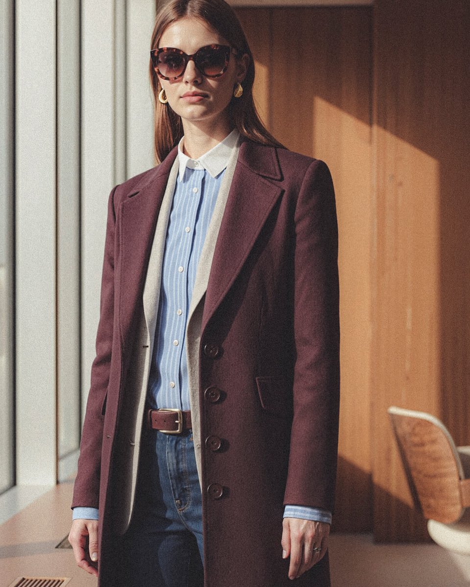 Abrigo de paño largo burdeos con solapas anchas PVP 239 € / Blazer antiarrugas elástica color gris medio en espiga PVP 204 € / Camisa de vestir azul claro a rayas algodón con cuello contrastado PVP 60 € / Vaqueros acampanados azul marino PVP 119 €  Sumissura