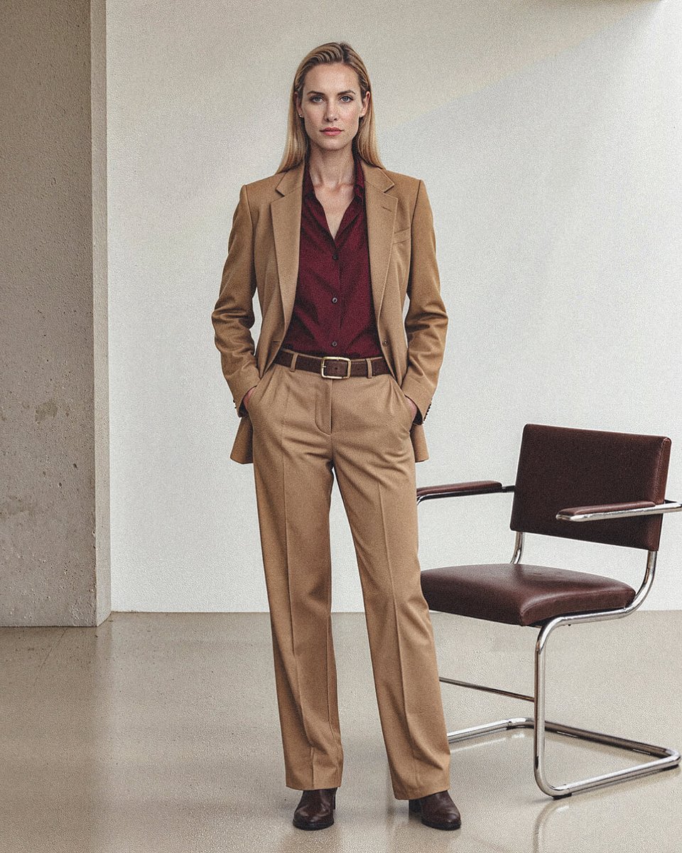 Blazer de 1 botón elástica color camel edición limitada PVP 234 € / Blusa roja PVP 49 € / Pantalón ancho elástico camel PVP 119 €