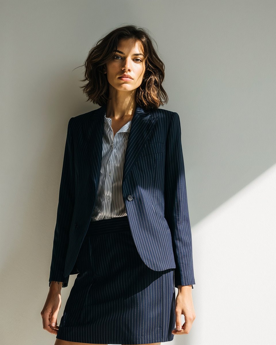 Traje de falda elástico 1 botón azul oscuro a rayas PVP 229 € Sumissura