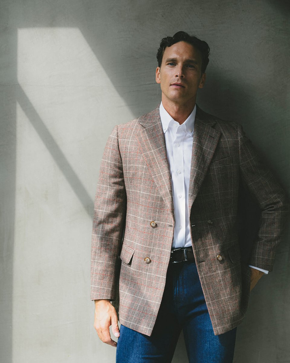 Brown Prince of Wales' double breasted suit jacket