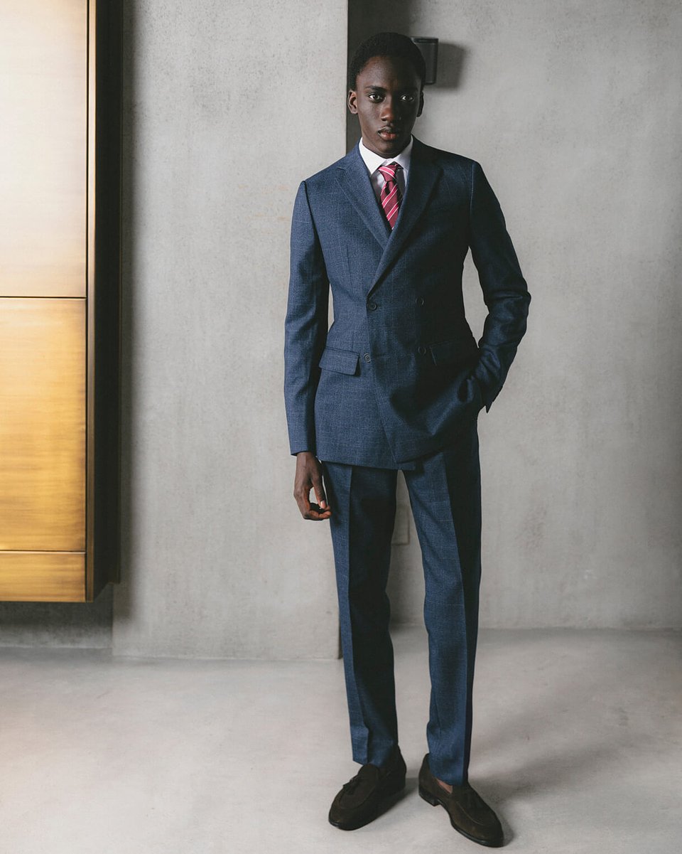 Dark blue Prince of Wales stretch merino wool double-breasted suit