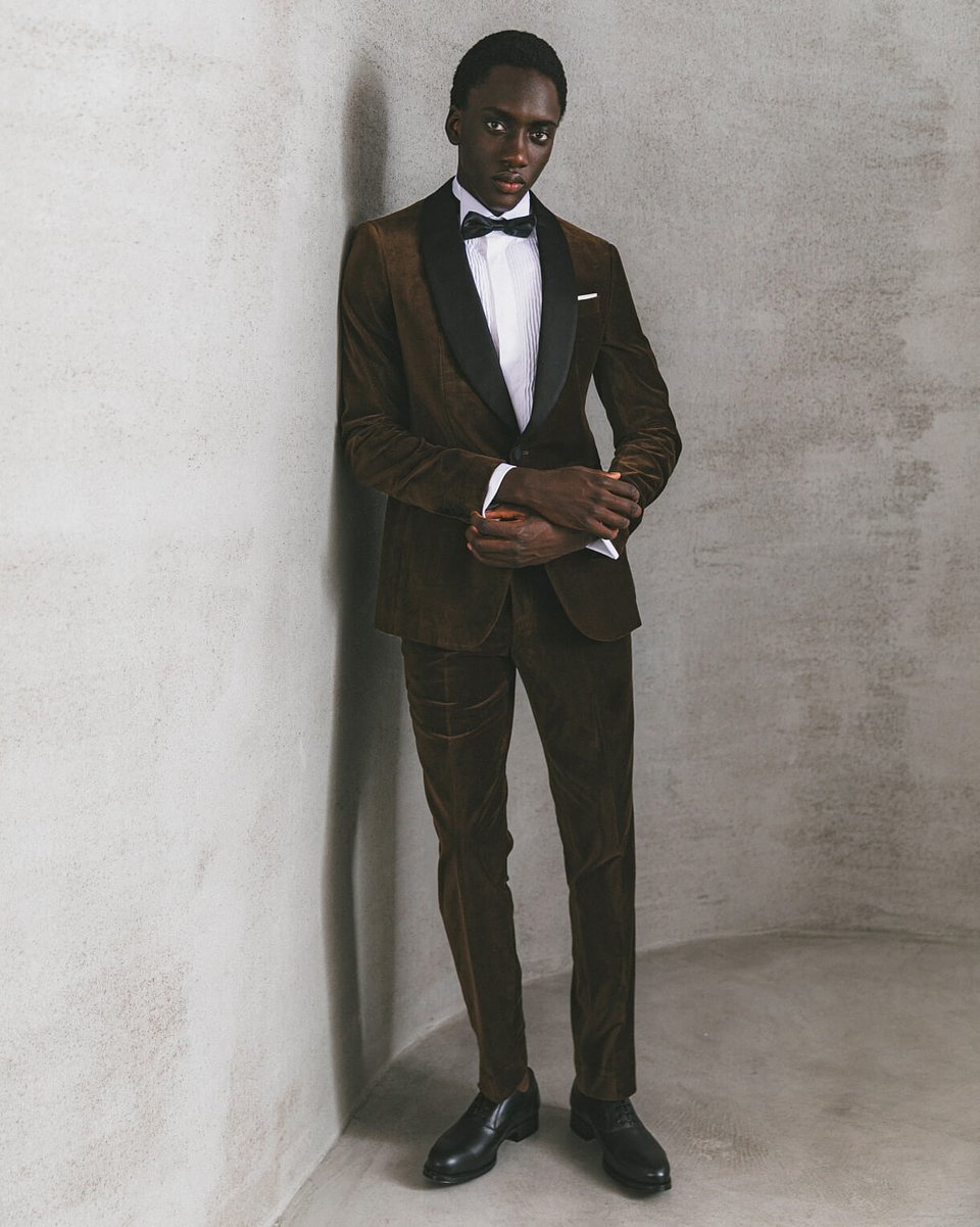Chocolate brown velvet tuxedo with black lapel