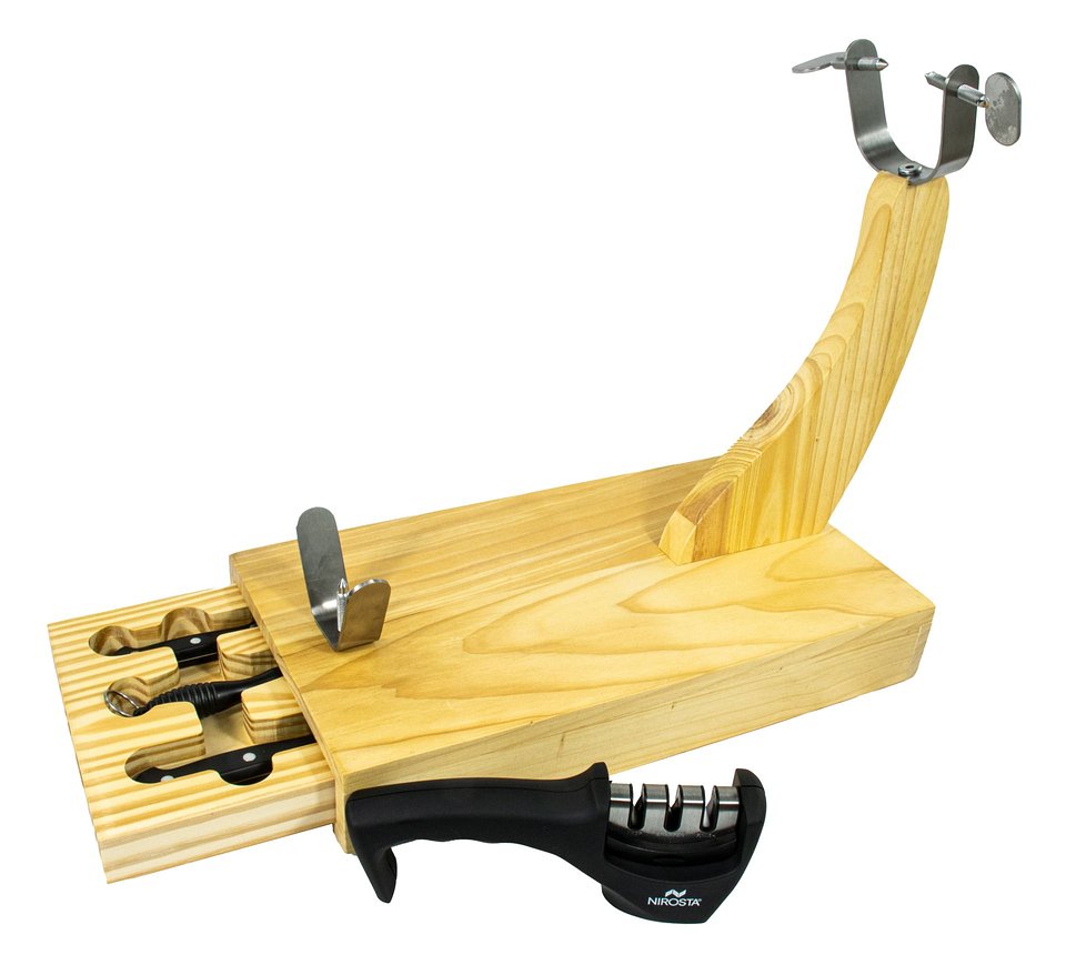 Set Soporte Jamonero con Cajón Extraíble, Cuchillos, Chaira y Afilador de Cuchillos 3 Pasos de Fackelmann (PVP: 76,48 €)