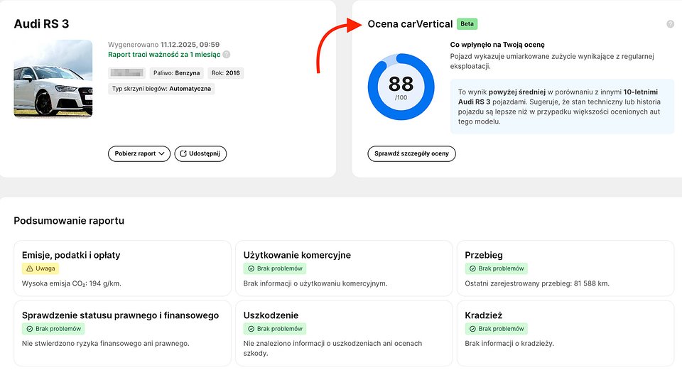 W raportach historii pojazdu carVertical pojawiła się nowość. To ocena carVertical wyrażona w skali od 0 do 100. 