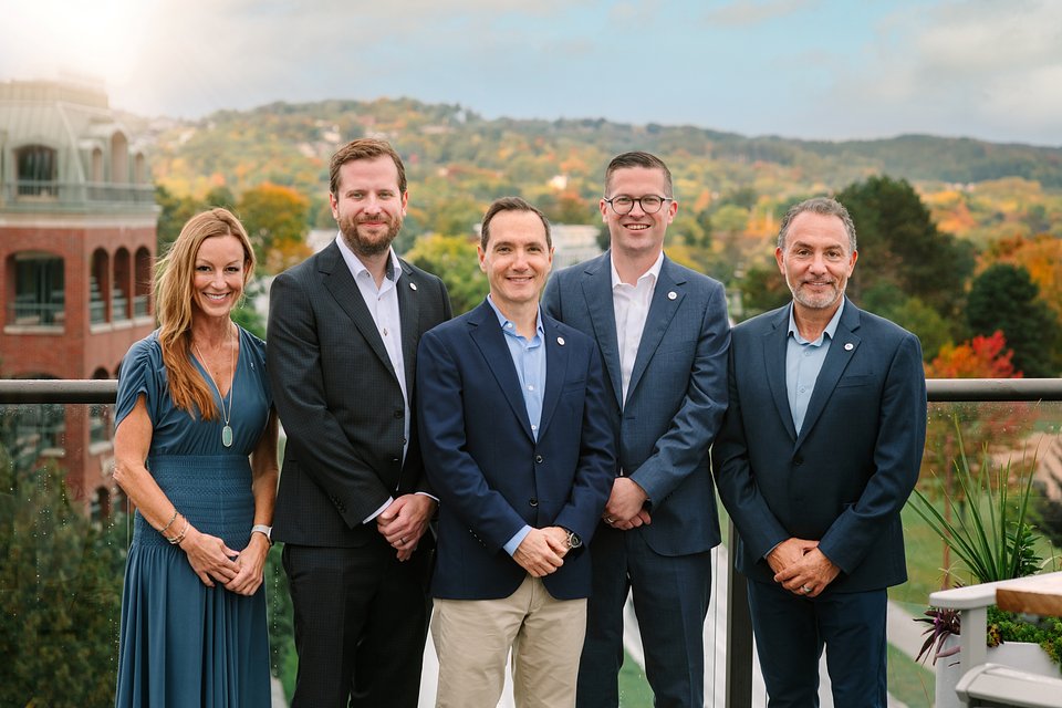 NSF leaders from left to right: Sarah Krol, VP, Food and Nutrition; Alex Adams; Pedro Sancha, President and CEO; George Powell and Scott Morris, SVP, International Markets and Laboratories. Adams and Powell are the former Cambium Analytica Co-founders and CEOs.