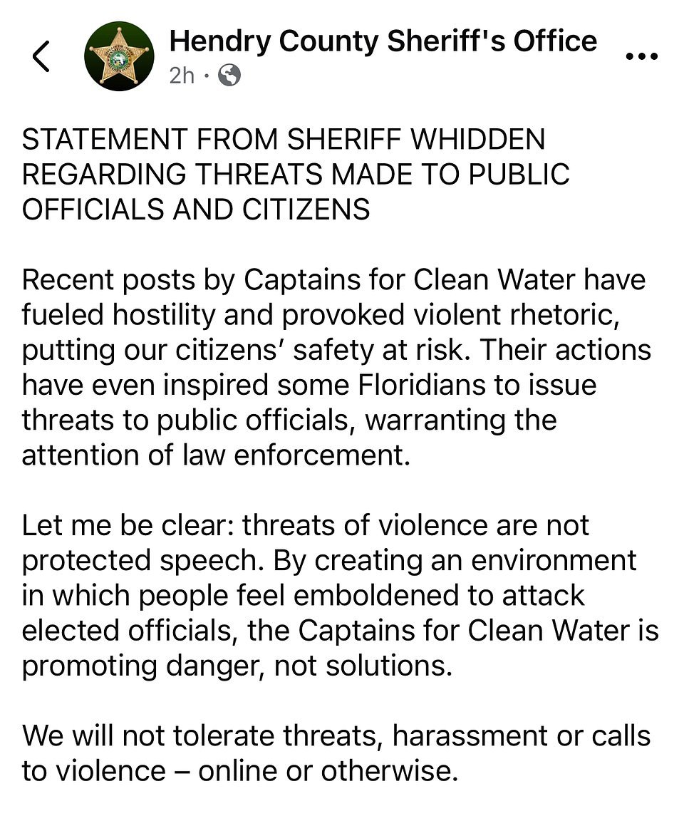 Hendry County Sheriff's public Facebook post falsely accusing Captains For Clean Water of promoting violent rhetoric on June 6, 2025.