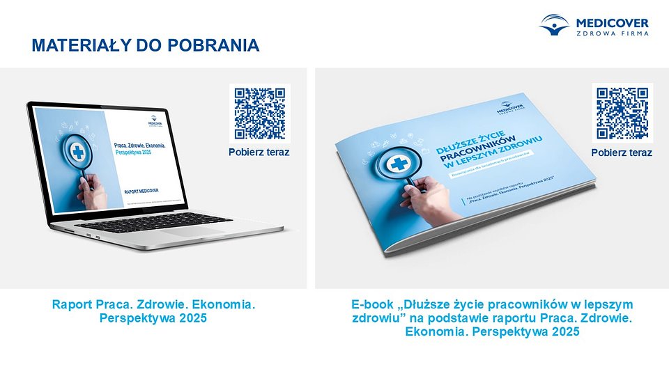 Raport Praca. Zdrowie. Ekonomia. Perspektywa 2025 znajduje się w załącznikach. E-book "Dłuższe życie pracowników w lepszym zdrowiu" na podstawie raportu Praca. Zdrowie. Ekonomia. Perspektywa 2025 można pobrać tutaj: https://zdrowafirma.medicover.pl/dluzsze-zycie-pracownikow/